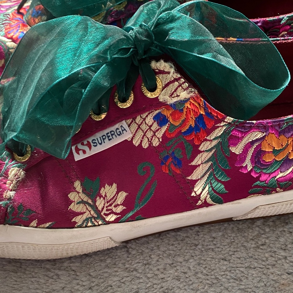 Superga Floral Satin Low-Top Sneakers with Teal Ribbon Laces. - Picture 7 of 16
